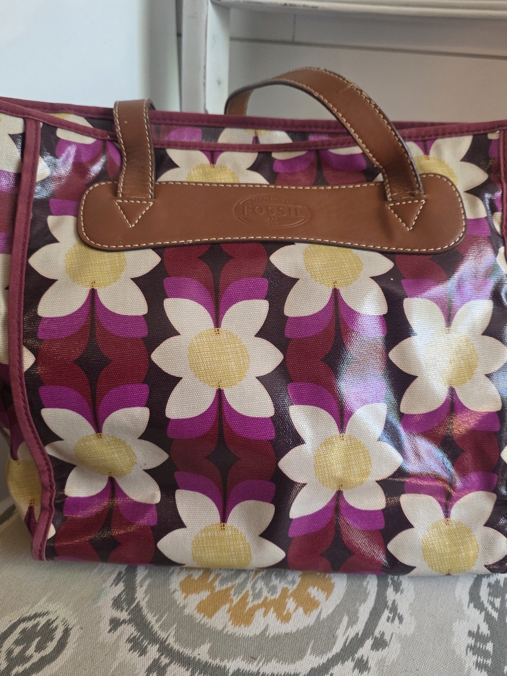Fossil Floral Logo Tote Bag in Purple & Brown